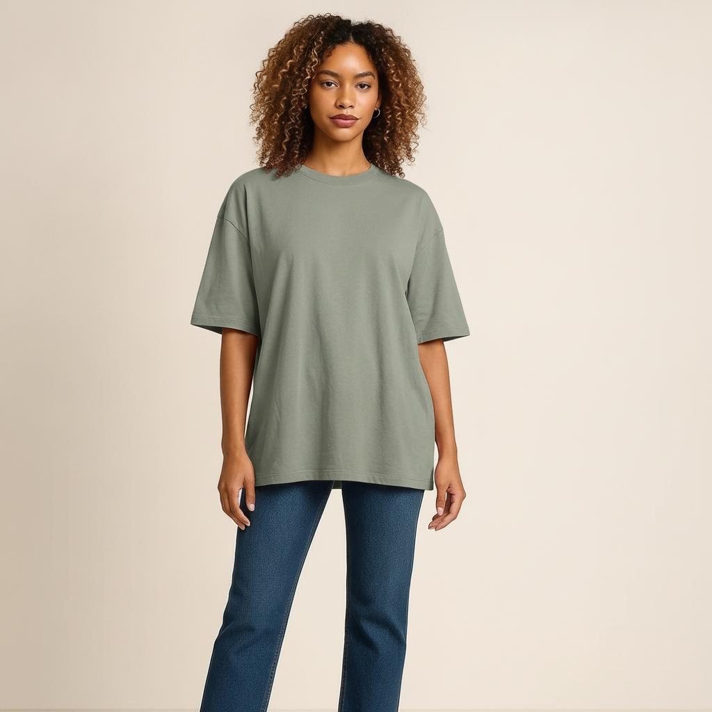 The same t-shirt shown in sage green
